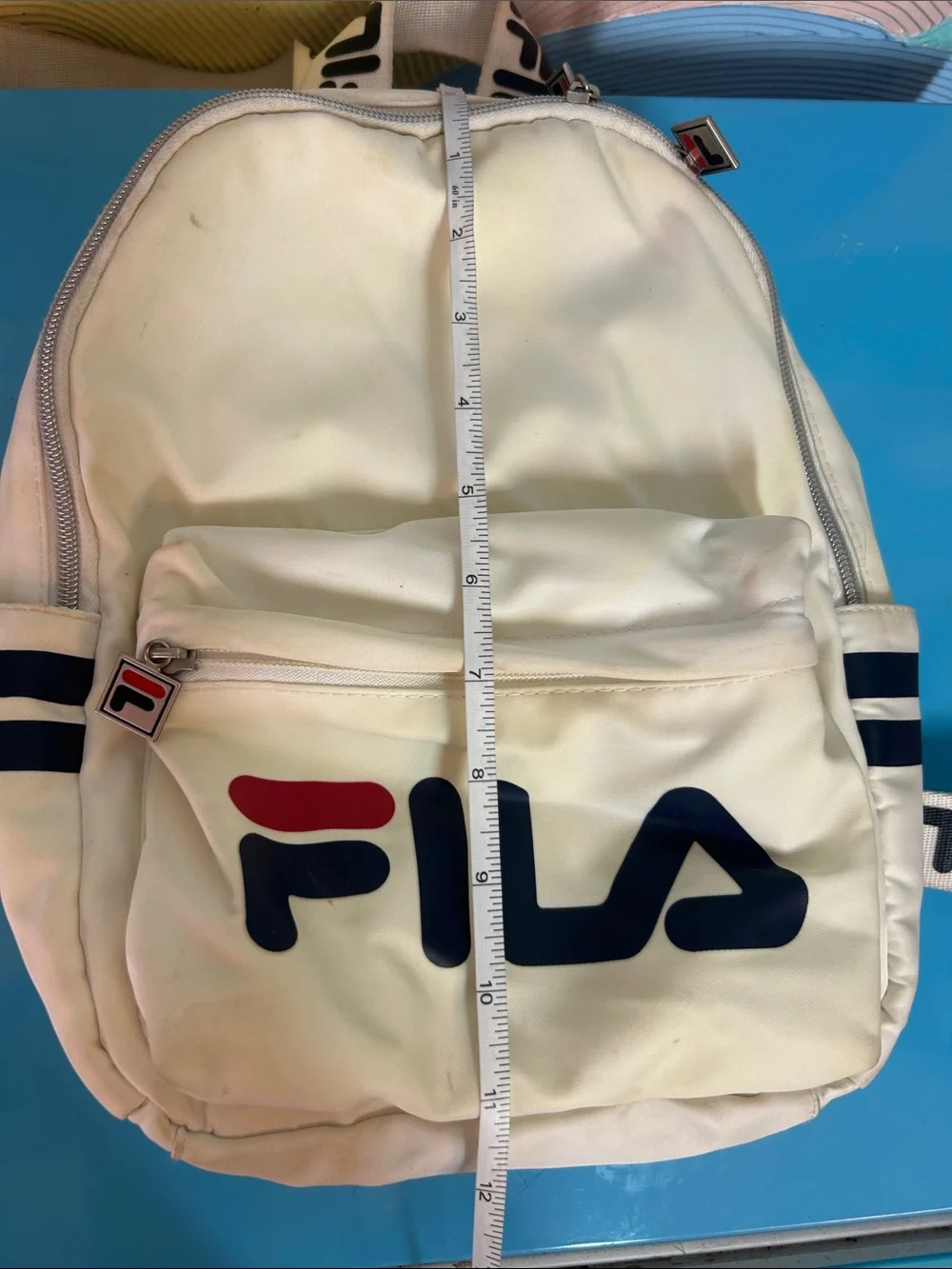 Fila Mini White Backpack with Navy and Red Logo Accents
